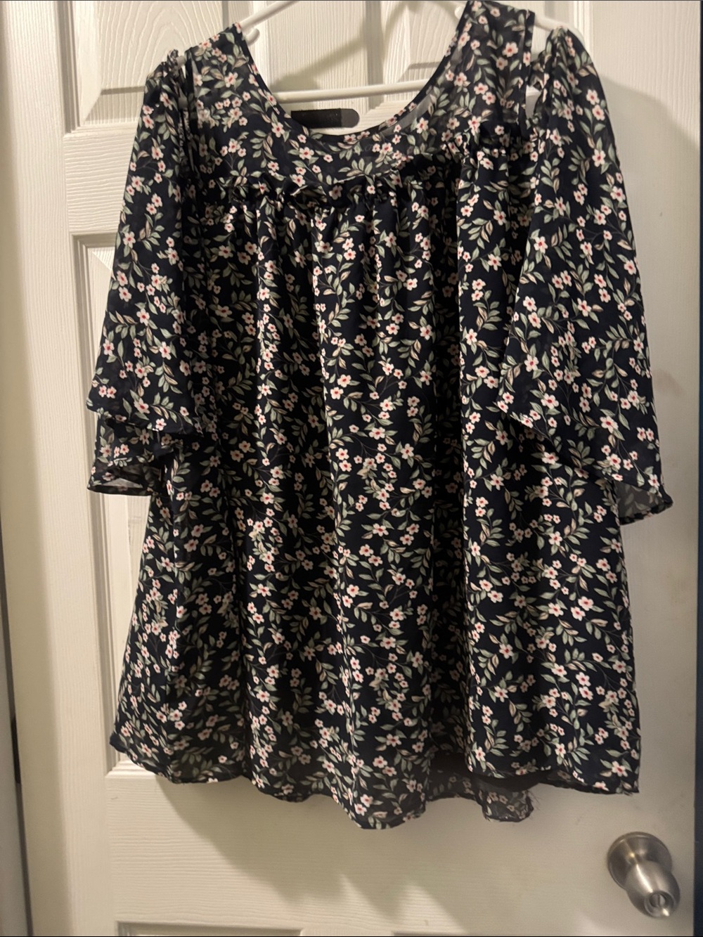 Black Floral Flutter Sleeve Blouse with Pink Flowers